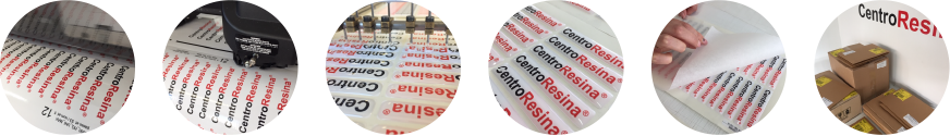 The image shows an example of some of the stickers and resin labels produced by Centroresina